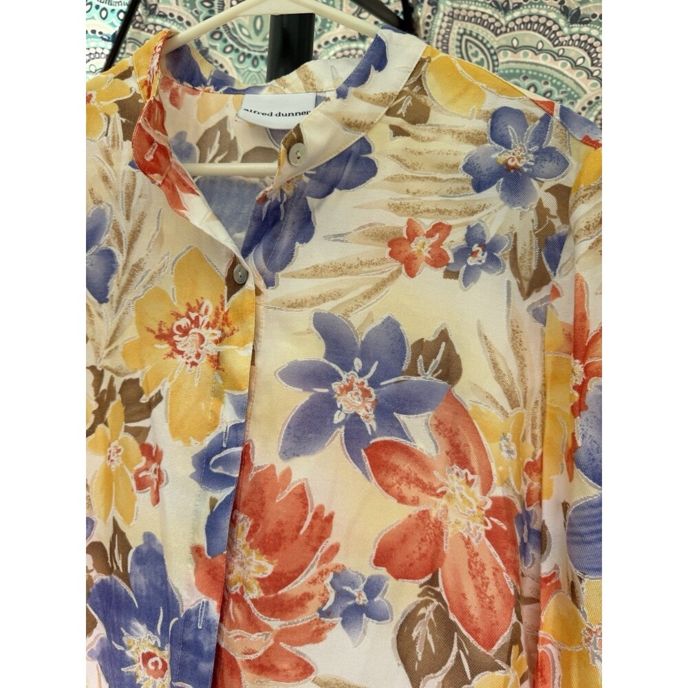 Alfred Dunner Womens 12 Floral Blouse Button Front Rayon Yellow Blue Coral